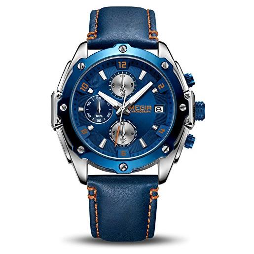 MEGIR orologio da uomo analogico al quarzo con cinturino in pelle alla moda cronografo luminoso calendario automatico per sport e lavoro 2074, blu, cinturino