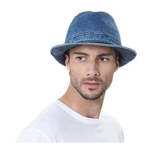 MarkMark cappello di feltro bombetta denim bucket hat plain stitch washed short brim packable fedora cap dw6646 (blue-l)