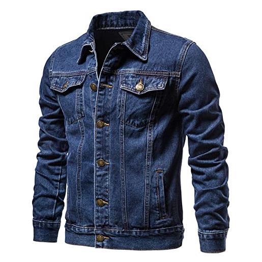 KOAUWIOA primavera autunno uomo giacca di jeans cotone retro giacca vintage denim casual slim revers coat outdoor sport fitness strada moda, blu navy, l