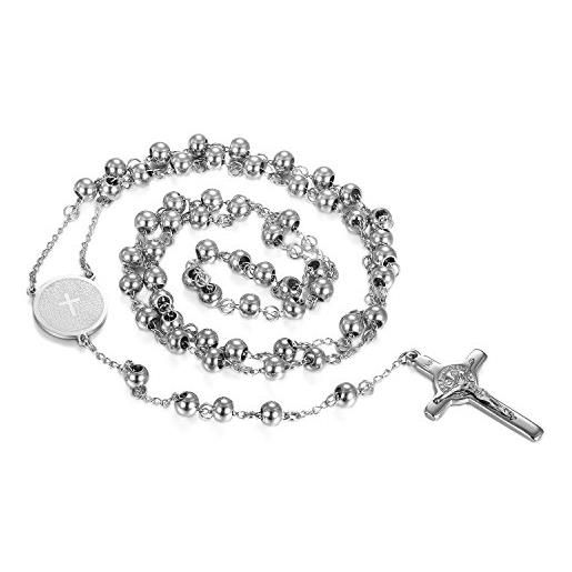 Cupimatch - collana unisex in acciaio inox, ispirata ai rosari, con perline da 6 mm, un ciondolo a forma di crocifisso e un ciondolo con citazione dalla bibbia (lingua italiana non garantita)