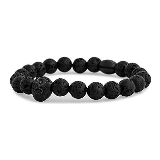 Akitsune regis pearl bracelet - bracciali donna uomo leone - nero opaco pietra lavica nero - 20 cm