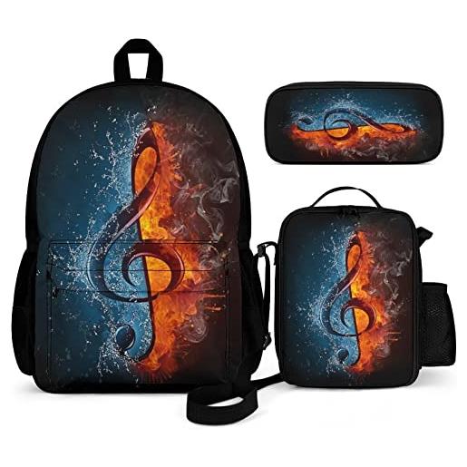 FJAUOQ zaini per bambini music clef with fire water kids backpack set 3 piece back to school 16 inch book bag with lunch bag pencil case for boys girls 1-6th grade