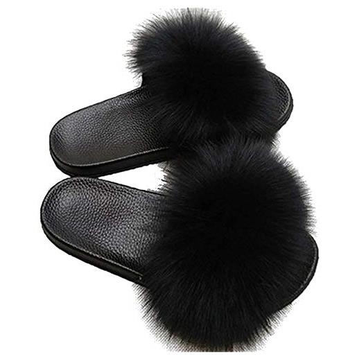 NTNY3 ciabatte donna pelliccia del faux pantofola pantofole donne estive eleganti sandali ragazza comodi bassi (nero, 44-45 eu)