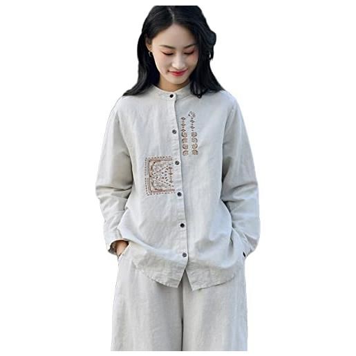 NFYM camicia da donna in cotone e lino con bottoni ricamati, a maniche lunghe, vestibilità ampia, colletto alla coreana, stile casual, lino, taglia unica