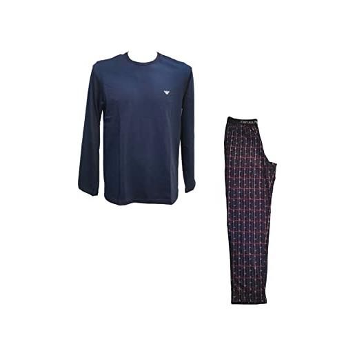 Emporio Armani long sleeves t-shirt and long trousers pyjamas set, pajama uomo, check+eagles/marine, l