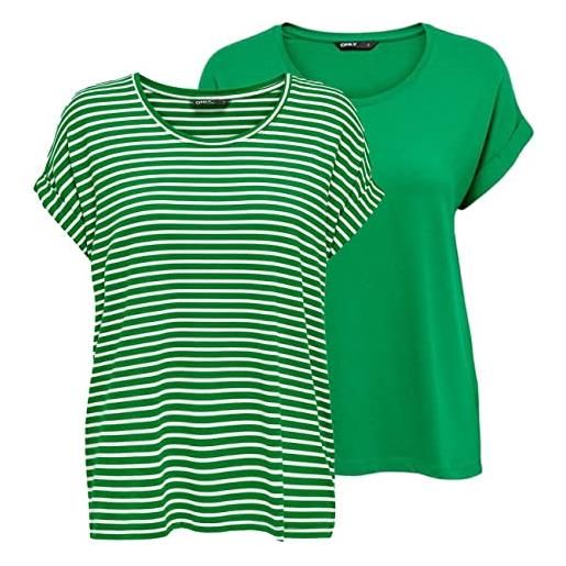 Only maglietta da donna con scollo rotondo, confezione da 2 pezzi, basic a maniche corte, girocollo, vestibilità normale, estiva, a righe, blu, rosa, verde, nero, xxl, jolly green w/cd stripes, xxl