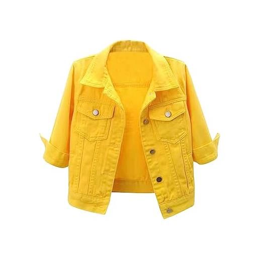 dPois giacche di jeans da donna con tasche a maniche 3/4 giacca in denim jacket tinta unita capotto coprispalle giubbotto estivo trucker giacca giacchetto bolero top corto giallo xl