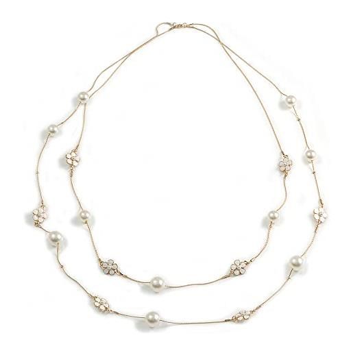 Avalaya delicata collana a catena a doppio filo con perle finte e fiore smaltato bianco, lunghezza 96 cm, misura unica, smalto
