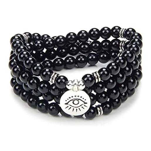 oasymala 108 mala preghiera perline braccialetto collana protezione yoga meditazione gioielli con il simbolo dello yoga malocchio (agata nera (black agate))