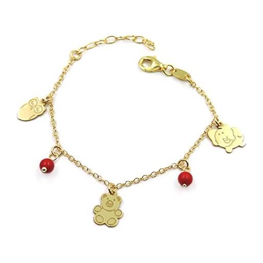 Damiano Argenti bracciale per bambini in argento 925 placcato oro e perline rosse con ciondoli gufo, orsetto, elefantino argento