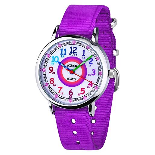 KZKR orologio bambina orologio da polso per bambini, nylon, al quarzo, analogico, facile da leggere, colore: lilla