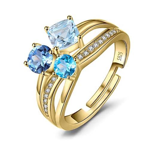 JewelryPalace anello a tre pietre donna argento 925 con genuino topazio blu, infinito anelli regolabili donna con pietra azzurra a taglio cuscino, fedina in oro anelli anniversario set gioielli donna