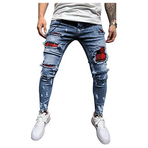 DELIMALI - jeans da uomo, stile classico strappato, elastico in vita, elasticizzato, in denim invecchiato, stile hip hop grigio m