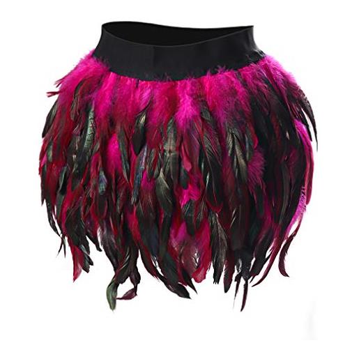 BBOHSS minigonna da donna con piume elasticizzate, in vita, per travestimenti punk, gotici, per feste di danza, carnevale, rosso rosato, m