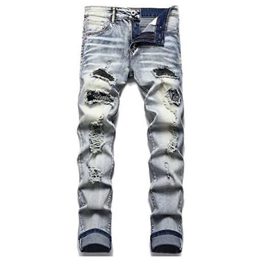 Alloaone jeans da uomo in denim elasticizzato con cristalli streetwear pantaloni patchwork con stampa bandana paisley pantaloni strappati con fori vintage blue 30