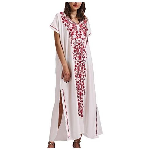 Youkd abito caftano ricamato boho beach bikini coprire vestaglia plus size loungewear per le donne, e bianco rosso, taglia unica