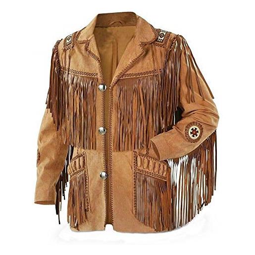 R M cappotto da giacca in pelle scamosciata da uomo weatern cowboy fashion con frange e perline-marrone chiaro (small)