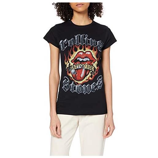 Rolling Stones flaming tattoo tongue short sleeve, nero (black), small donna
