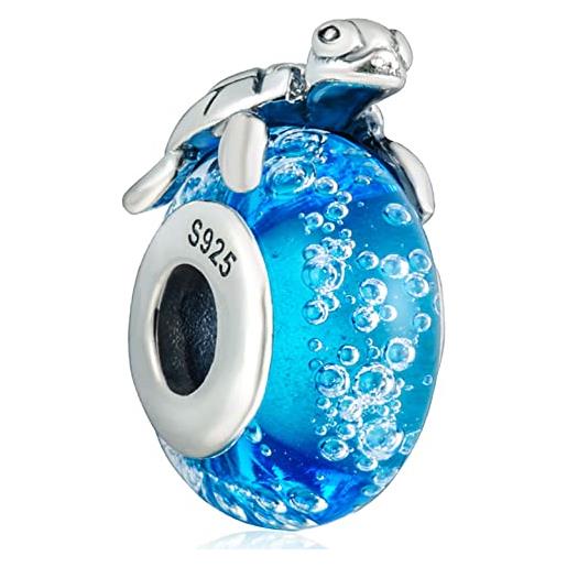 CRISNATA tartaruga marina charm, 925 argento sterling tortoise su bubble blu vetro di murano beads, vita oceanica delle hawaii charms-fit pandora estate spiaggia braccialetto, regalo di natale