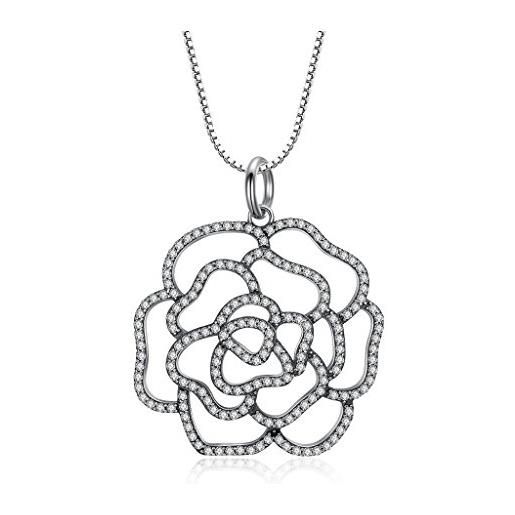 Jewellbox - collana da donna in argento sterling 925 con zirconi cubici, per san valentino, con fiore di rosa, idea regalo per lei compleanno, catenina lunga 45 cm