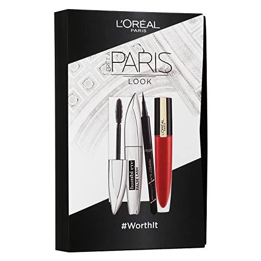 L'Oréal Paris set trucco con mascara, eyeliner e rossetto, false lash bambi mascara (nero), rossetto rossetto (rosso), superliner perfect slim (nero), 3 pezzi