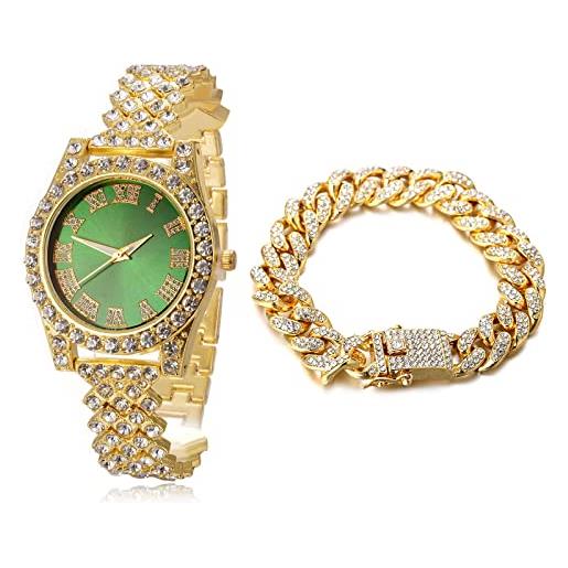 HALUKAKAH orologio d'oro con diamanti, bambino placcato oro 18 carati plated 36mm larghezza verde quadrante quartz 20cm con catena cubane18cm bracelet, confezione regalo gratuita