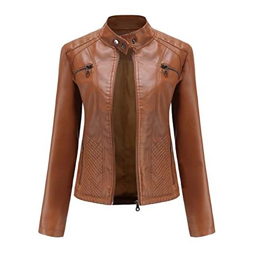 ORANDESIGNE giacca in pelle sintetica donna da motocicletta giacca casual moda in pelle pu vintage giubbotto moto cappotto corto manica lunga zip cappotti casual biker jacket d caffè xl