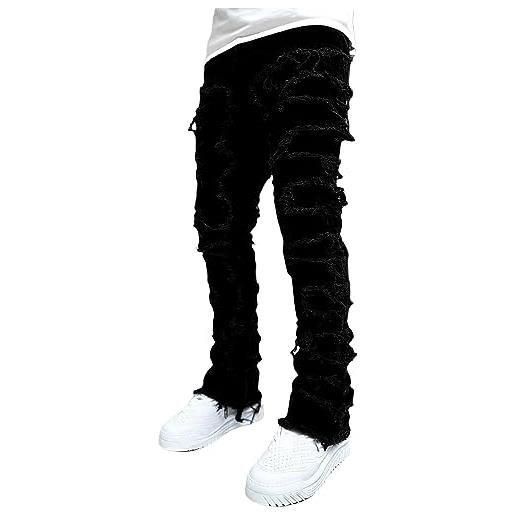 Vagbalena jeans neri da uomo con risvolti flip flop strappati jeans dritti harajuku pantaloni hip hop slim punk stile denim pantaloni y2k street dance jeans (nero, xl)