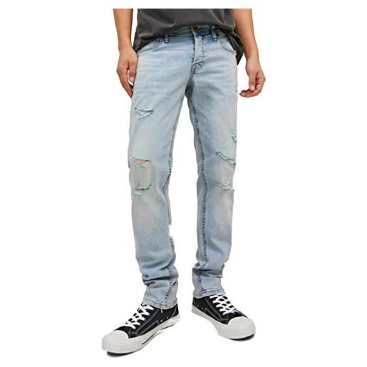JACK & JONES jeans slim lavaggio chiaro con strappi, vita bassa e patta con bottoni. Blu 29w / 30l denim chiaro