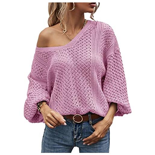 Jamron donna primavera estate loose fit hollow out maglione pullover manica lunga scollo a v maglia rosa sn602c072 xl