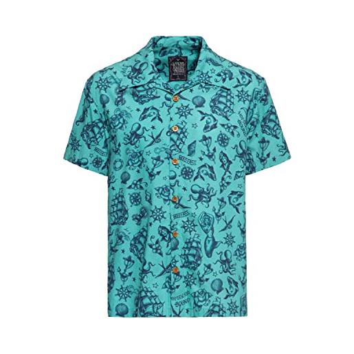 King Kerosin camicia da uomo | stampa allover | camicia con stampa | camicia hawaiana | manica corta | camicia hawaiana | camicia a maniche corte | pesca, turchese, xl