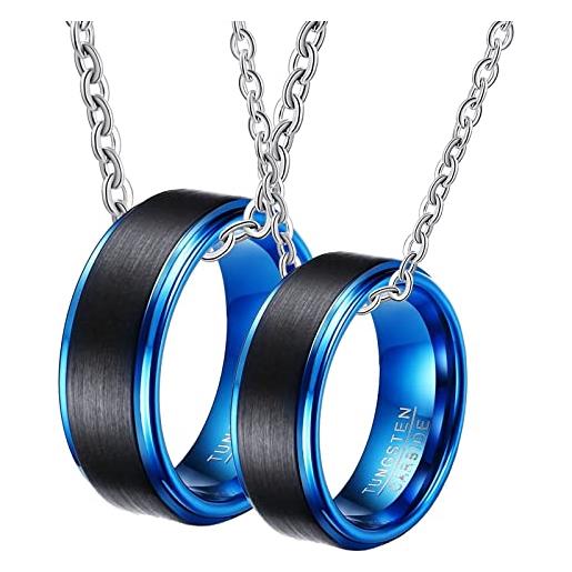Epinki 2 pezzi collana e anello coppia, 8mm opaco blu nero tungsteno collana con ciondoli