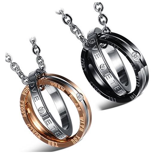 Cupimatch, 2 collane in acciaio inox e zirconia cubica, con ciondolo a doppio anello intrecciato con scritta in inglese "eternal love", con catenine da 55,8 cm e 45,7 cm, regalo per coppie