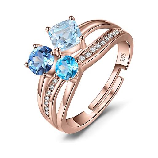 JewelryPalace anello a tre pietre donna argento 925 con genuino topazio blu, infinito anelli regolabili donna pietra azzurra a taglio cuscino, fedina oro rosa anelli anniversario set gioielli donna