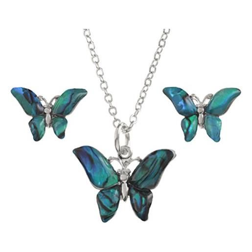 Kiara Jewellery - set di collana e orecchini a perno con ciondolo a forma di farfalla e orecchini intarsiati con conchiglia di abalone verde bluastro naturale su catenina da 46cm