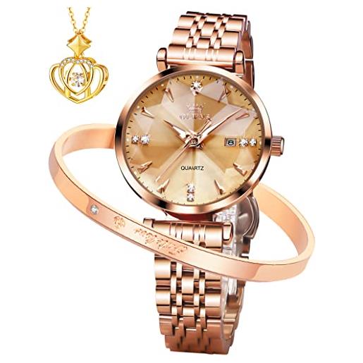 OLEVS orologi da donna in oro rosa, con diamanti piccoli, in acciaio inox, analogici, al quarzo, con calendario, luminosi, impermeabili, set regalo, 5536: oro, bracciale
