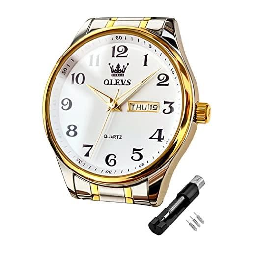 OLEVS orologio da uomo facile da leggere orologio da polso con cinturino in acciaio inox oro argento calendario impermeabile, bianco/oro, bracciale