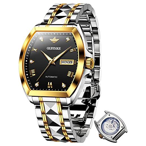 OUPINKE orologio da uomo tonneau automatico meccanico orologio da polso di lusso diamante cristallo zaffiro impermeabile tungsteno orologi business, nero/oro