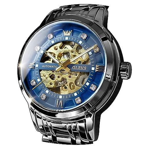 OLEVS orologi da uomo automatici scheletro oro nero orologio meccanico orologio da polso con diamante impermeabile luminoso orologio da uomo, nero/blu