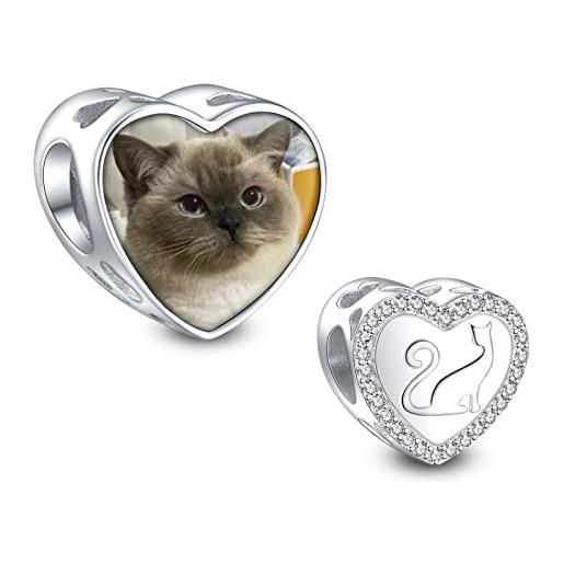NINGAN charm personalizzato con foto perline di gatto carino in argento 925 adatto per bracciali e collane da donna