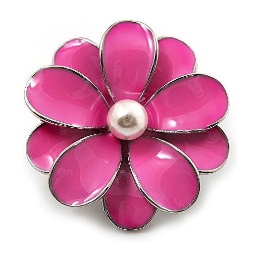 Avalaya spilla piccola a forma di margherita in smalto rosa, in metallo colore argento - 30 mm di diametro