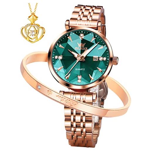 OLEVS orologi da donna in oro rosa, con diamanti piccoli, in acciaio inox, analogici, al quarzo, con calendario, luminosi, impermeabili, set regalo, 5536: verde
