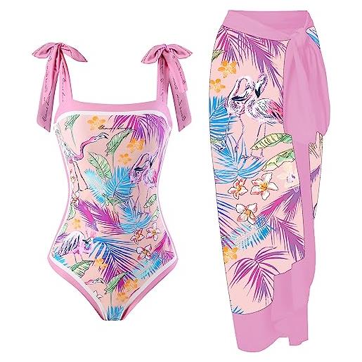 SKAYWHUK costume da bagno intero floreale a doppia faccia per donna con il bikini del costume da bagno estivo della gonna da spiaggia con lacci