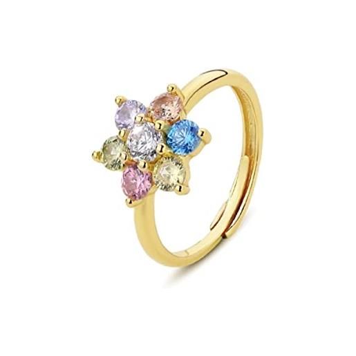 Bellitia Jewelry anello regolabile donna argento 925 placcato in oro, anello multicolore di fiori con diamante simulato zirconi cubici, anelli fidanzamento anniversario promessa regalo ragazza