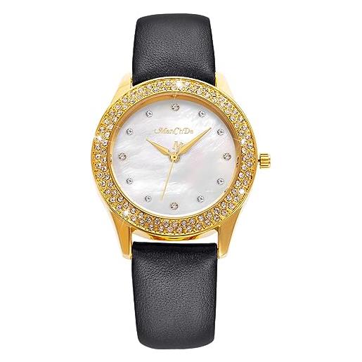 ManChDa orologio da polso da donna - orologio da polso analogico al quarzo analogico, in cristallo e strass, alla moda, oro rosa/argento/giallo, d3. Oro - pelle nera, cinghia