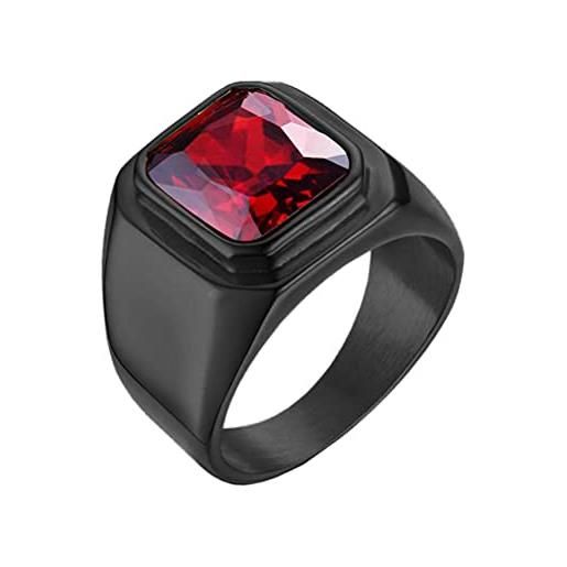HIJONES anello da uomo in pietra in acciaio inossidabile nero con zirconi quadrati grandi vintage rosso misura 17