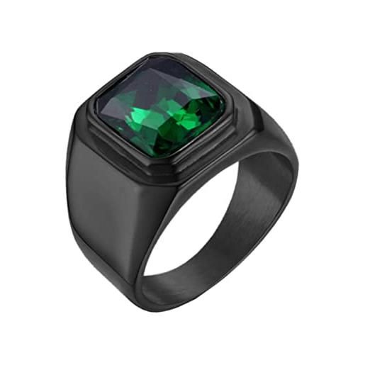HIJONES anello da uomo in pietra in acciaio inossidabile nero con zirconi quadrati grandi vintage verde misura 22