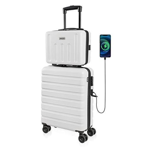 AnyZip set di 2 valigia e borsa da toilette, bagaglio a mano pc abs valigia trolley rigido ultra leggero con usb chiusura tsa e 4 ruote doppie girevoli (bianco)
