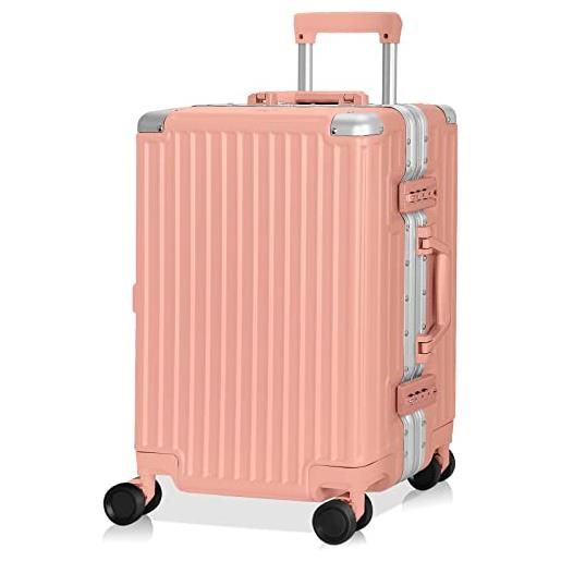 AnyZip valigia bagaglio a mano pc abs leggero alluminio trolley rigido con serratura tsa e 4 ruote, senza cerniera (rosa sakura, m)