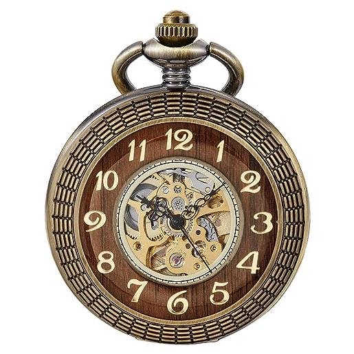 Tiong orologio da tasca in legno, meccanico, steampunk, elegante, in rame, con quadrante aperto, da uomo, con scatola a catena, idea regalo, 29-bronzo, gotico